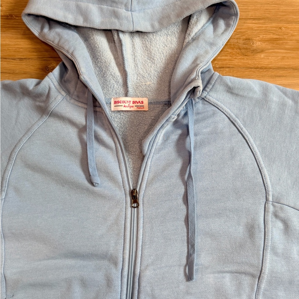 Discount Divas Light Blue Zip-Up Short Sleeve Lived In Hoodie - Size Medium